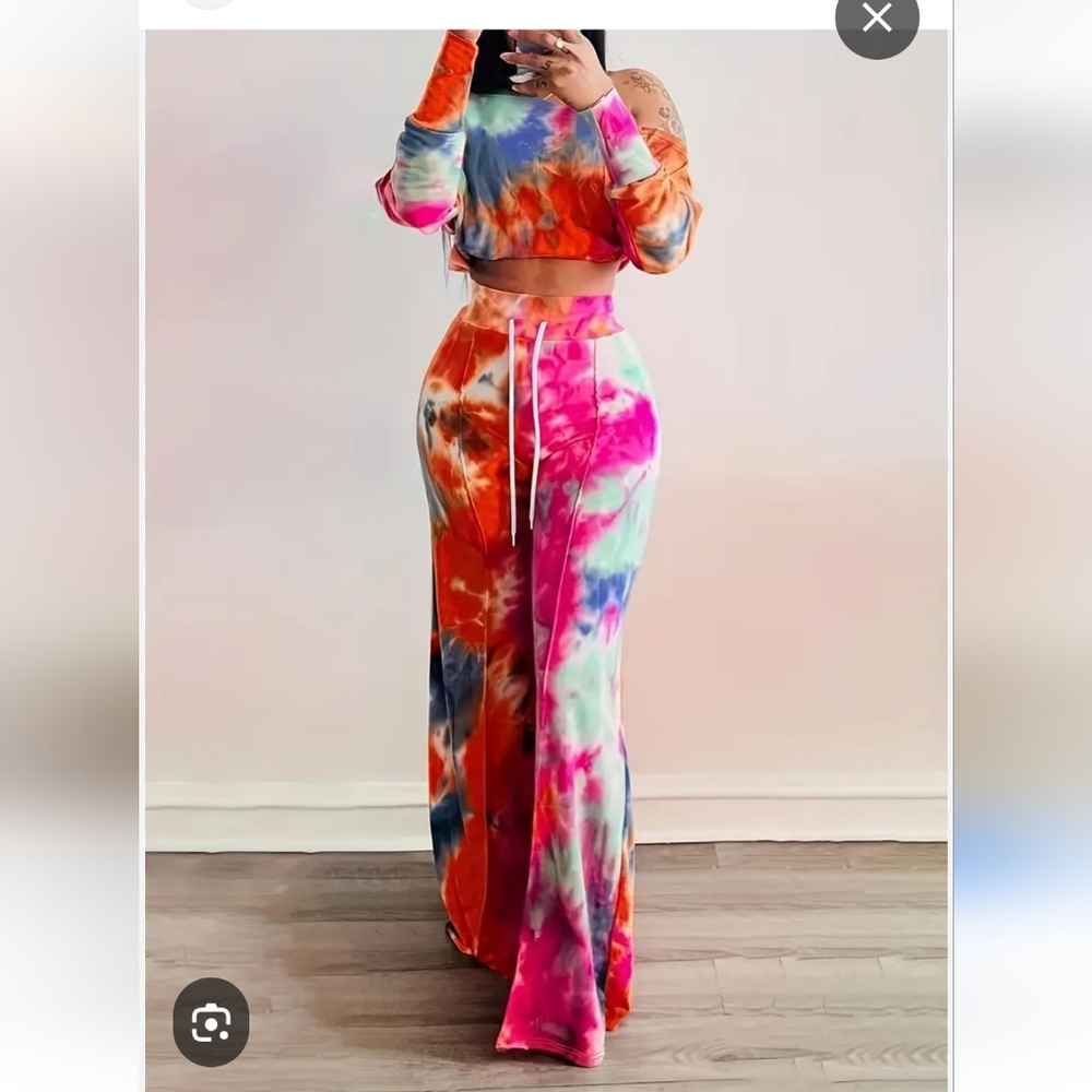 Colorful Tie-Dye 2 Piece Set, Off Shoulder Sweater, Wide Leg Pants